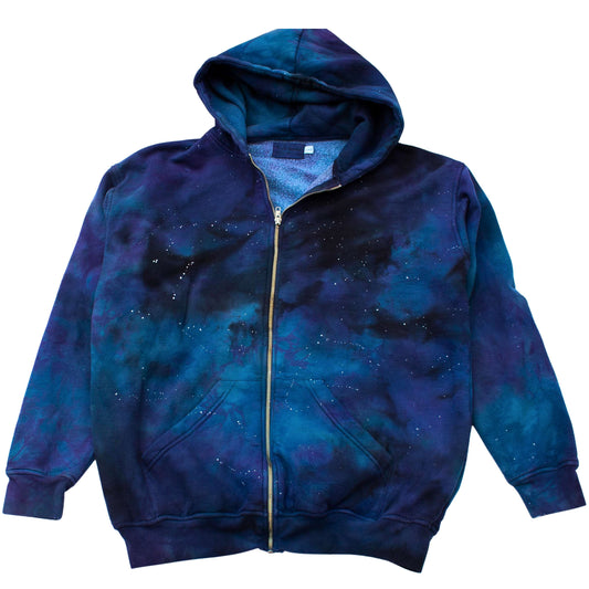 Size L - Lunar Loom: Galaxy-Brushed Hoodie – Artistic Rendition of Moons & Starfields