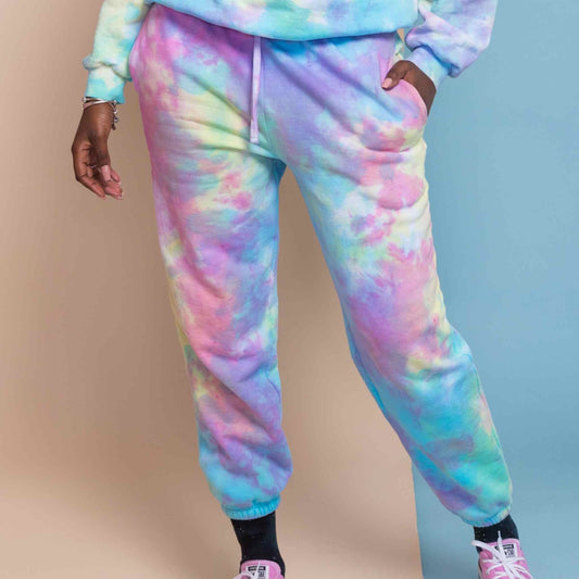 Pastel goth joggers tie dye watercolor effect pink blue and yellow