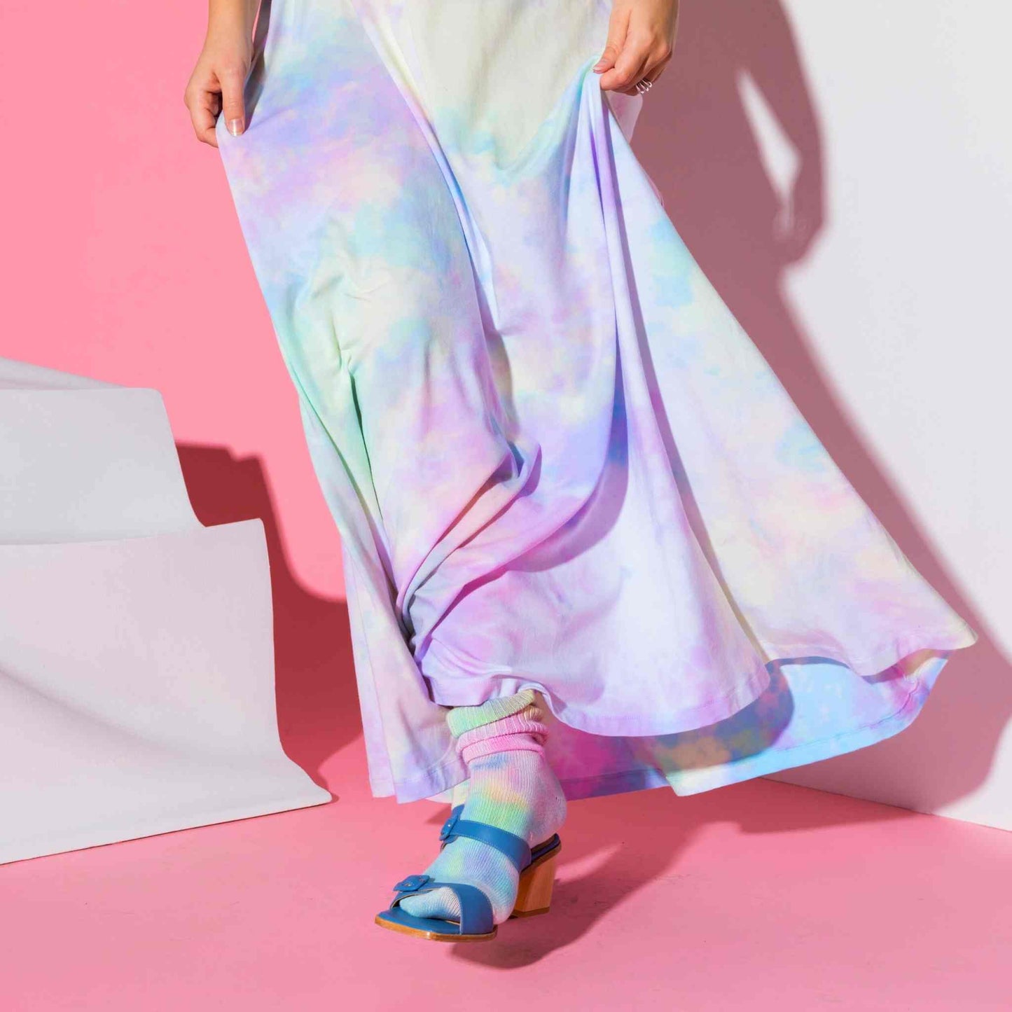 Pastel watercolor soft cotton maxi dress in a tie dye pattern