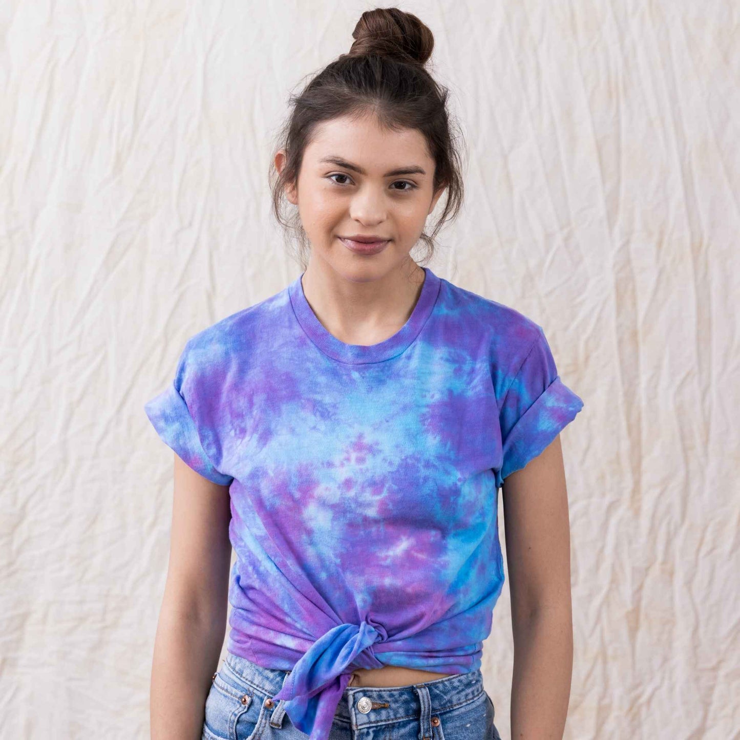Violet sky blue vibrant cotton tie dye tee with a watercolor aesthetic